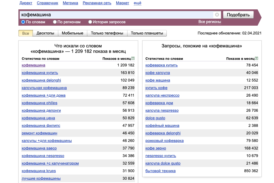 Интерфейс веб-сервиса Яндекс.Вордстат