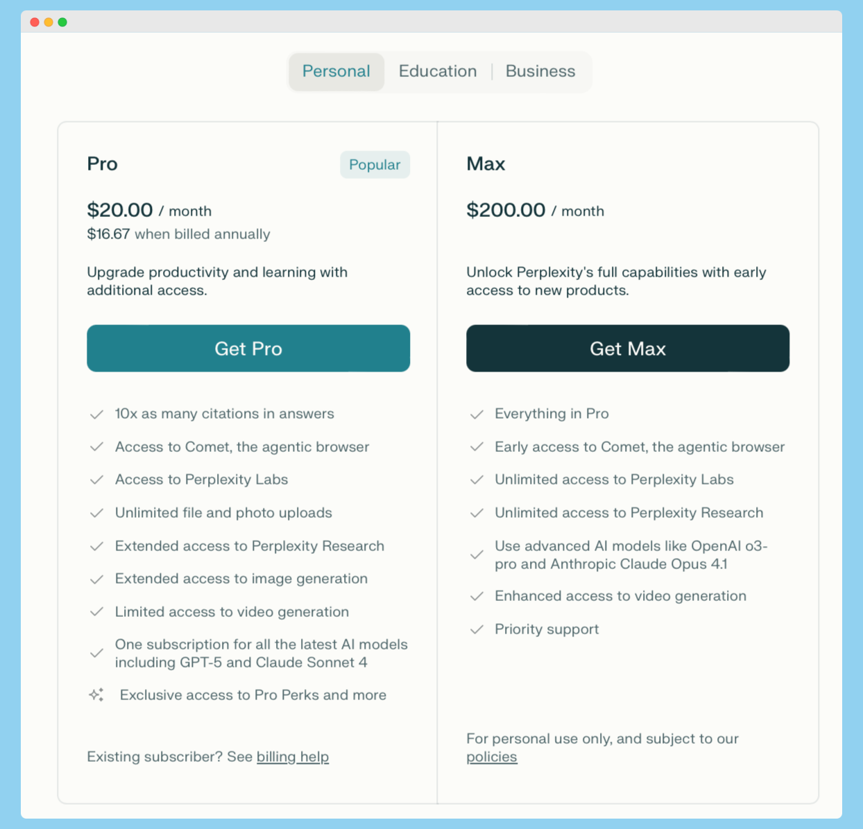 Тарифы Pro и Max нейросети Perplexity