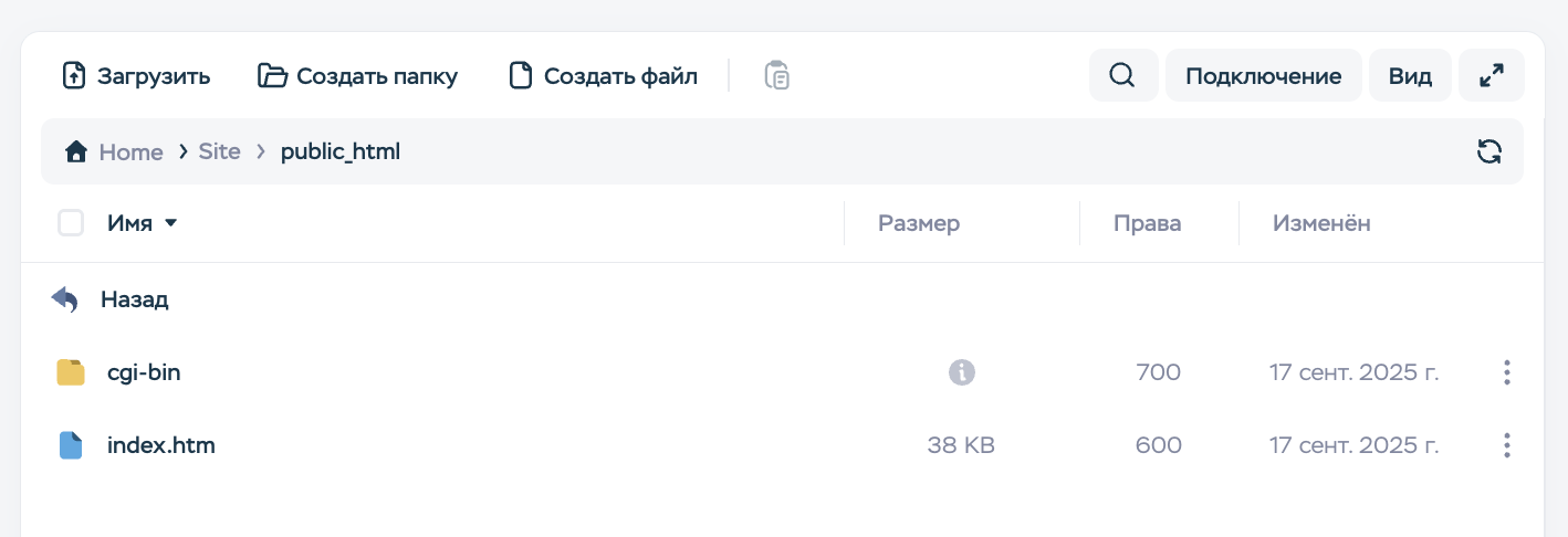 Корневой каталог public_html в файловом менеджере Timeweb для размещения файлов сайта