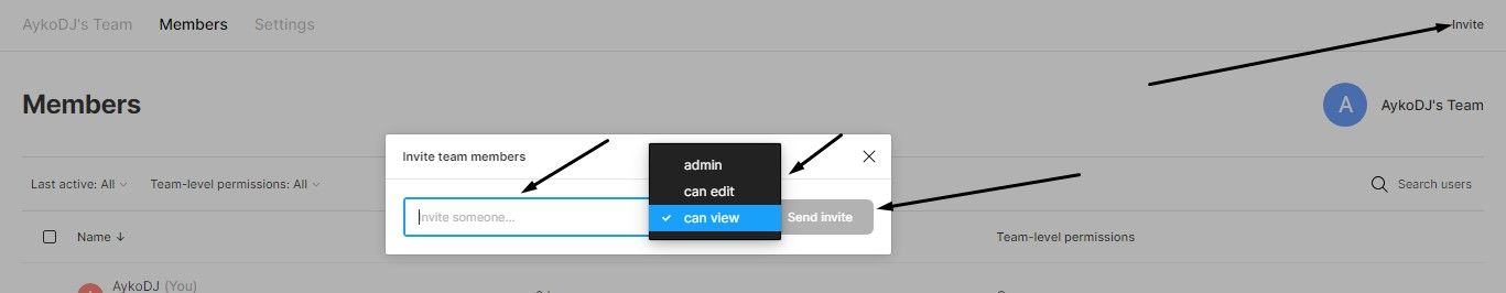 Приглашение других пользователей в команду