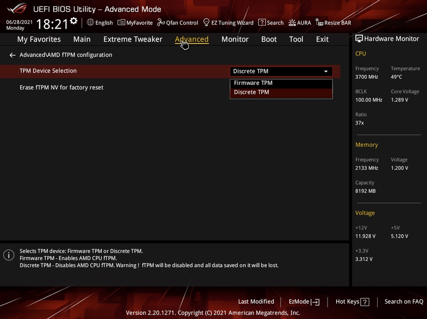 Включение ТПМ для установки Windows 11