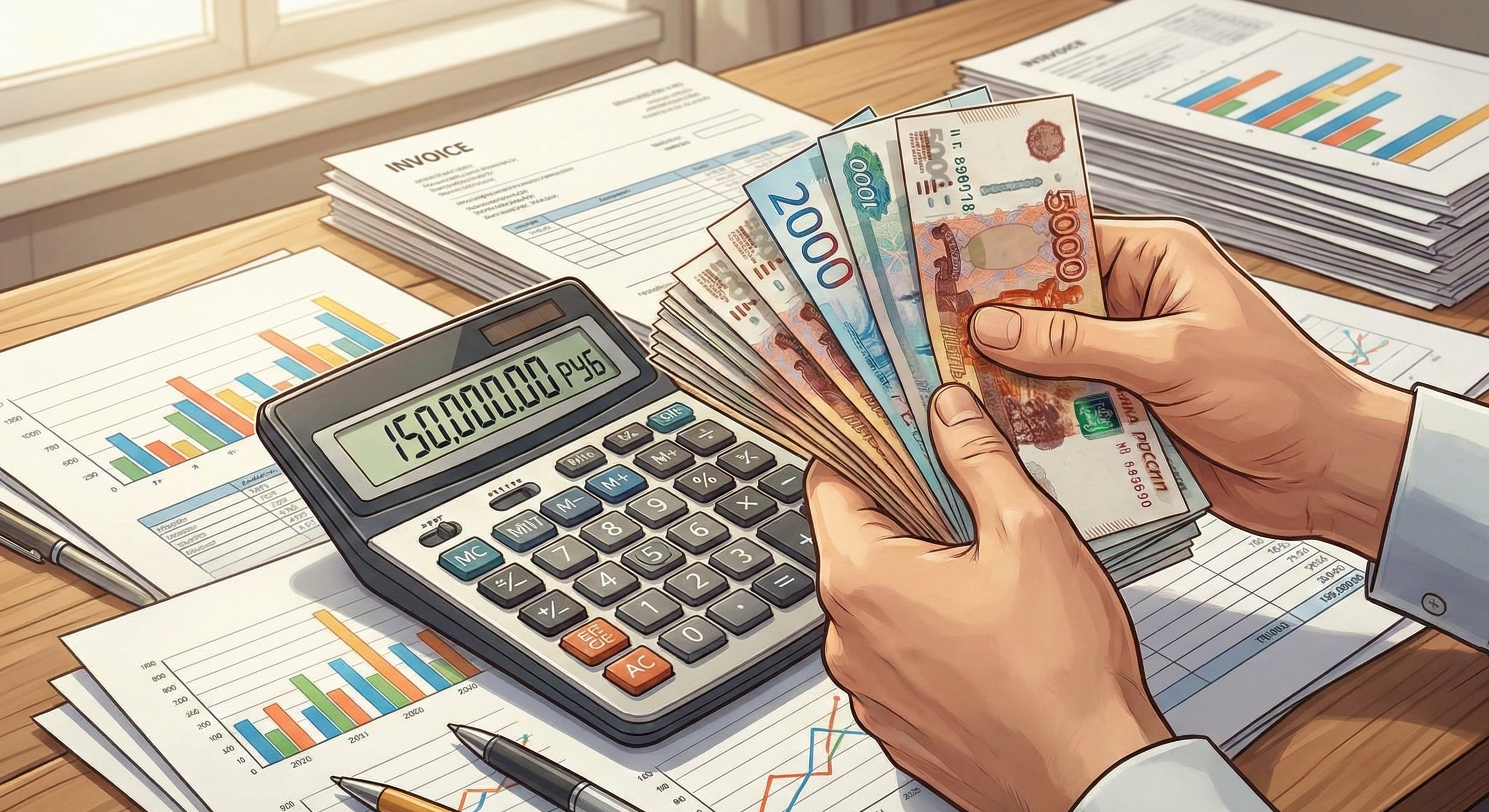 Иллюстрация с калькулятором и кучей денег