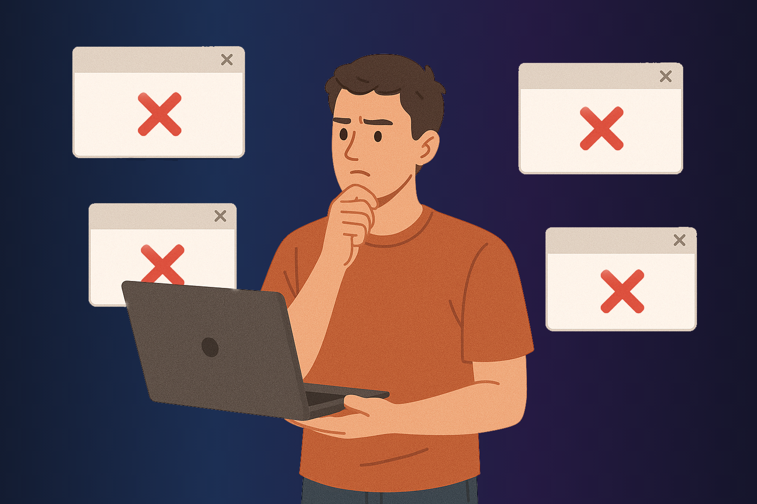 Иллюстрация с мужчиной, который не может выбрать хостинг