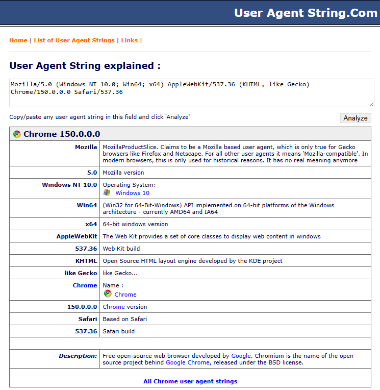 Просмотр сведений с помощью сервиса User Agent String.Com