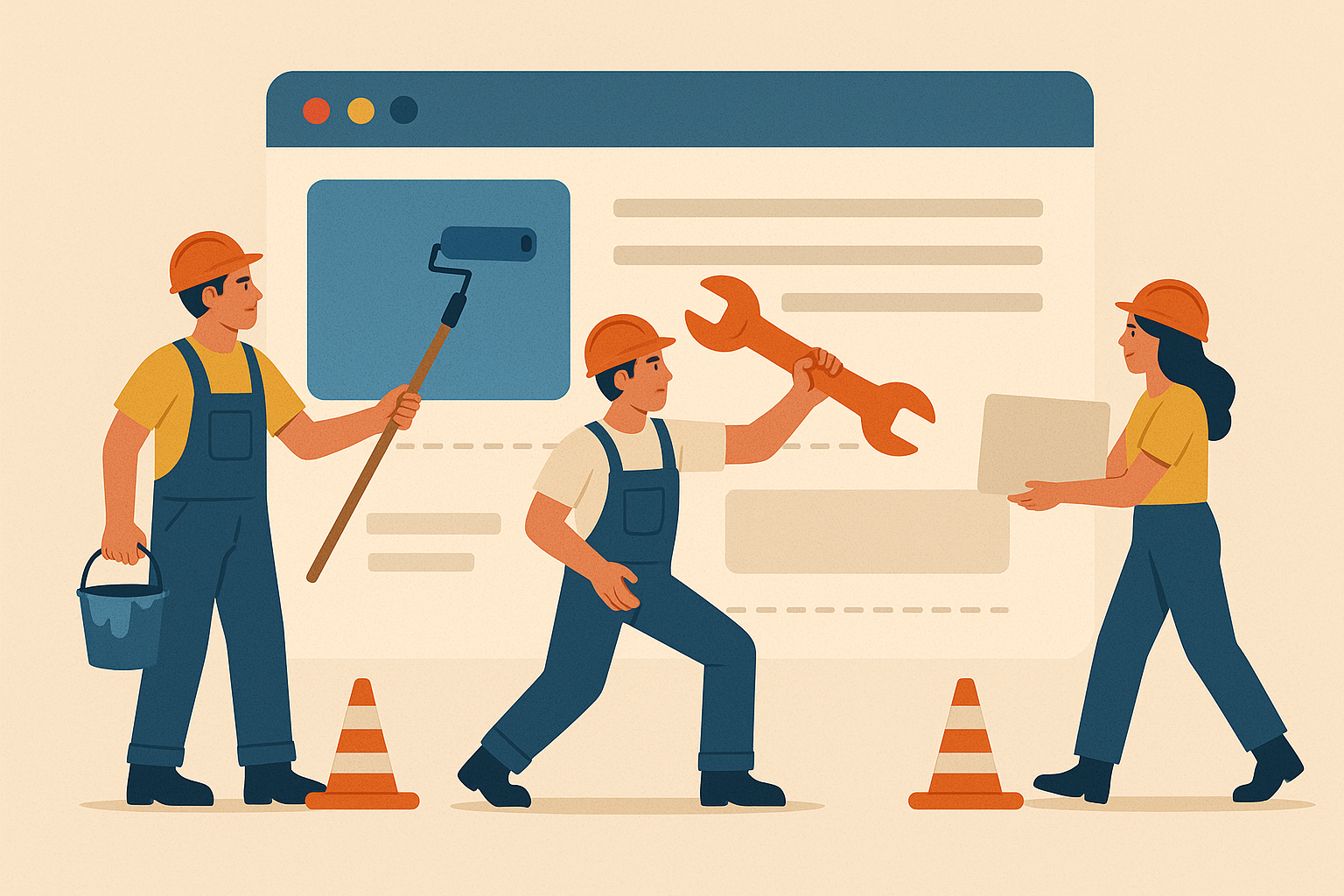 Люди ремонтируют сайт — метафора SEO-оптимизации как ремонта