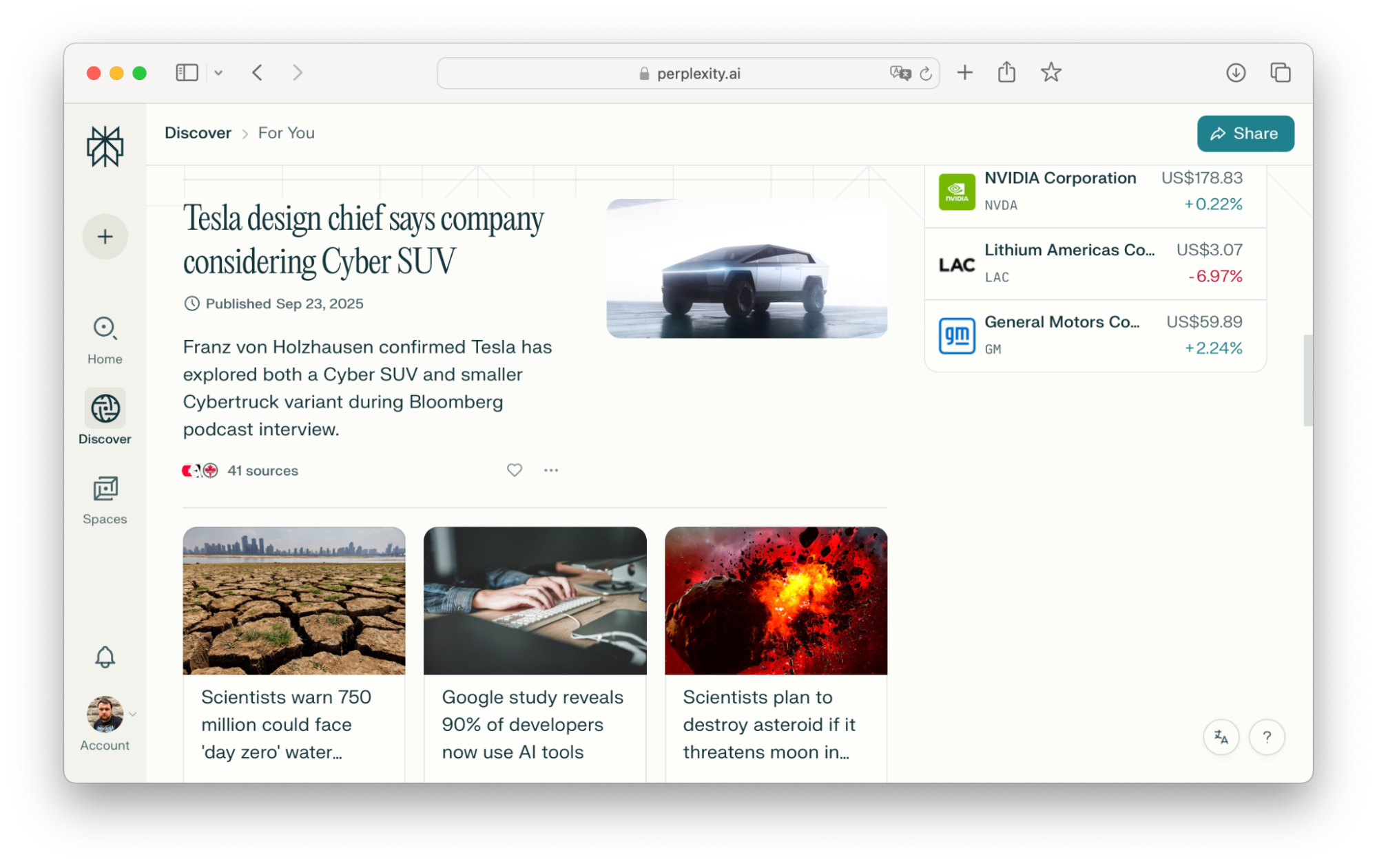 Интерфейс раздела Discovery нейросети Perplexity