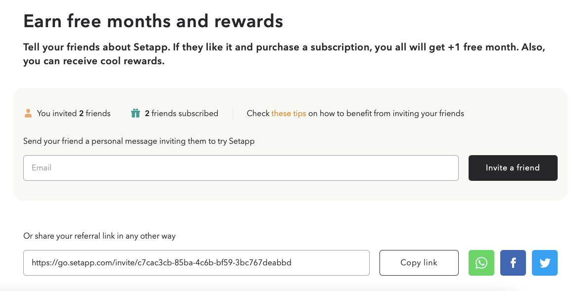 Интерфейс реферальной программы Setapp