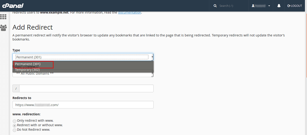Как сделать 301 редирект - Cpanel
