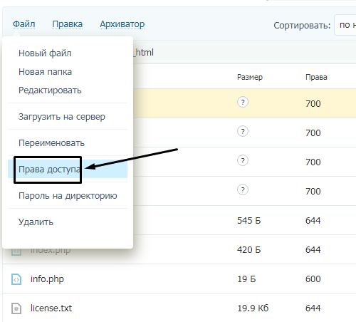 Как изменить права доступа к файлу в файловом менеджере TimeWeb