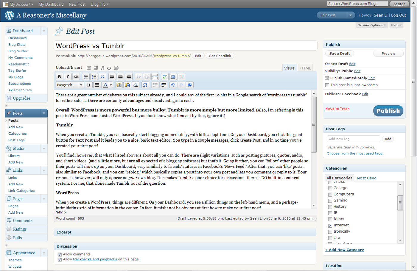 Пример интерфейса Wordpress