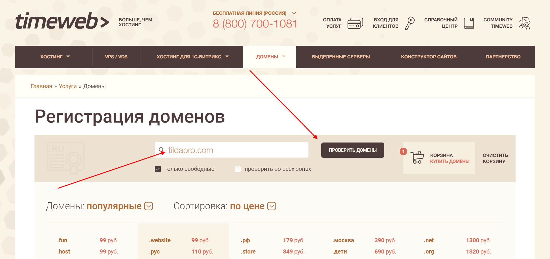 Как проверить доступность домена на Timeweb