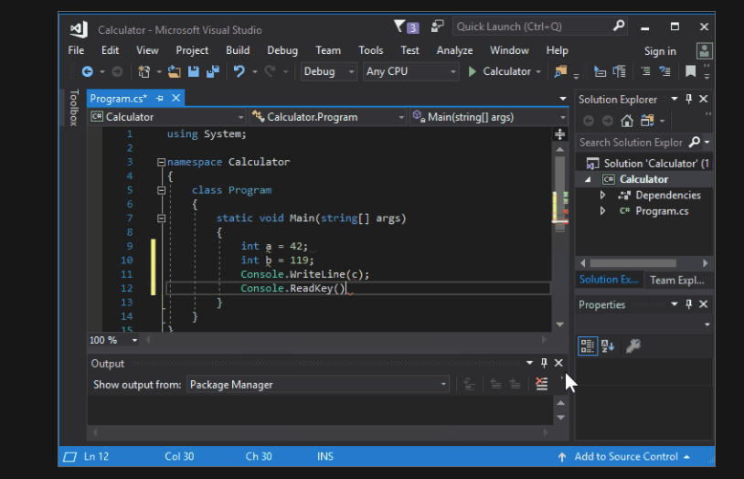 Пример кода С# в программе Visual Studio