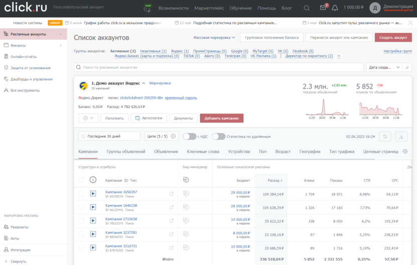 Демо-режим сервиса Click.ru