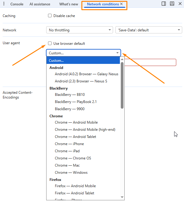 В Chrome DevTools можно временно изменить User Agent для тестирования сайта без установки дополнительных расширений